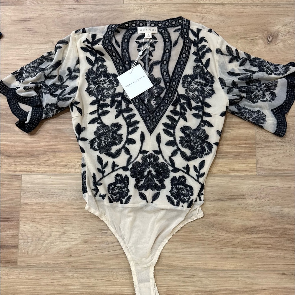 Honey Punch Cream Bodysuit with Black Floral Embroidery
